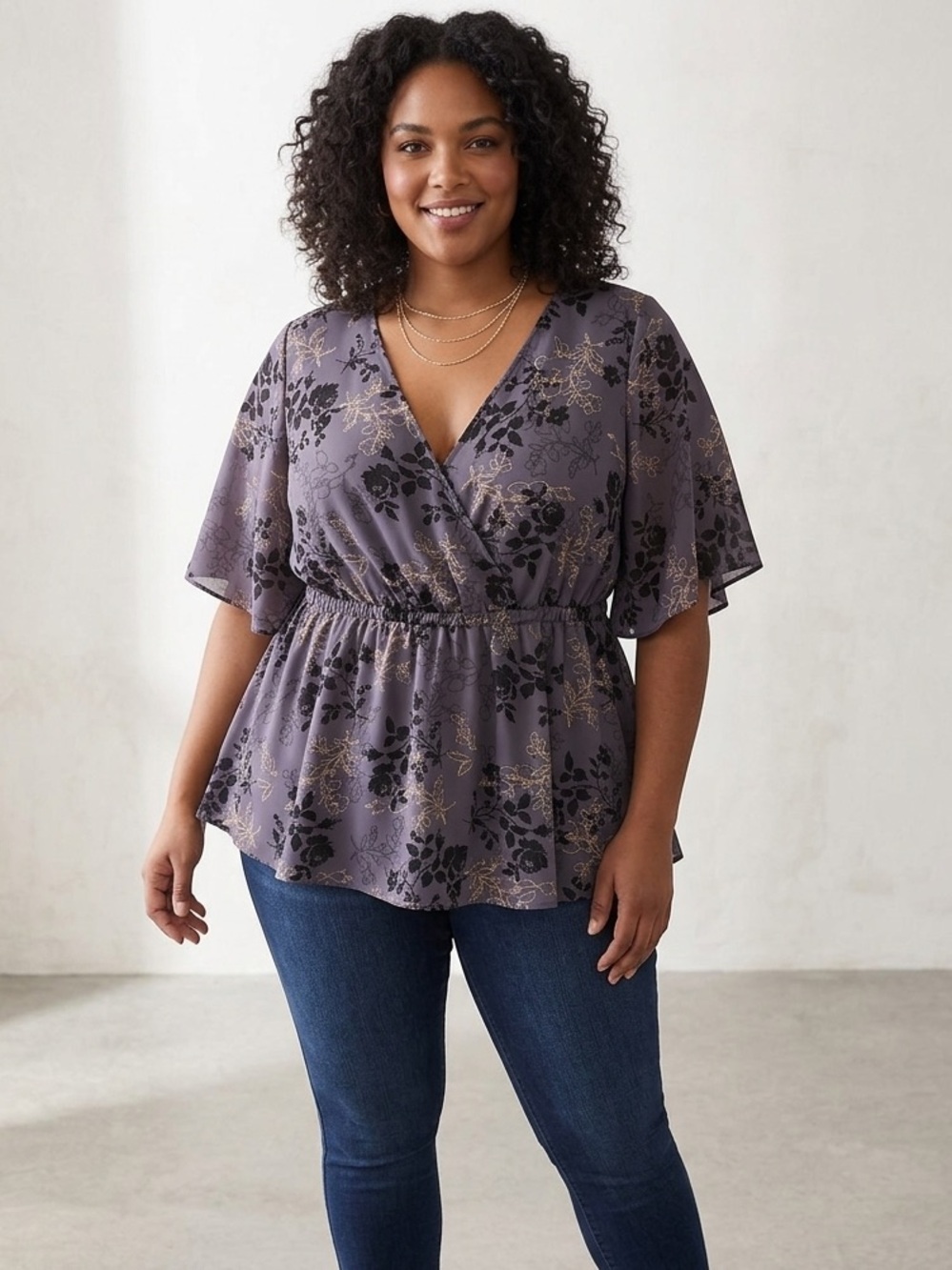 Torrid Floral Metallic Wrap Style Butterfly Sleeve Peplum Blouse Top Size 1X